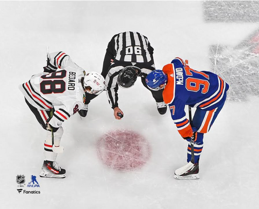 8X10 Connor Bedard vs Connor Mcdavid face off! reprint by SLB Authentics